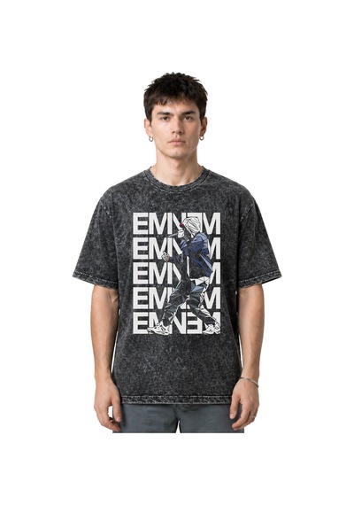 Eminem Rapper Şarkıcı Ön Baskılı Unisex Oversize Eskitme Yıkamalı Siyah