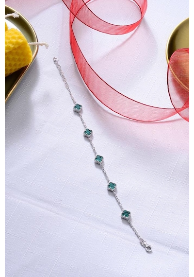 925 Ayar Gümüş Beşli 8 Mm Yonca Bileklik Yeşil 89894569