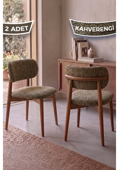 Onex Serisi 1.sınıf Ahşap İskelet 2 Adet Bukle Kumaş Mutfak Sandalyesi Kahverengi Sandalye Ceviz İskelet