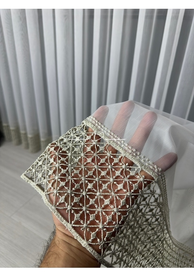 Tül Perde Etek Aplike Eritme Ruteb Desen Gold İşleme Ekru