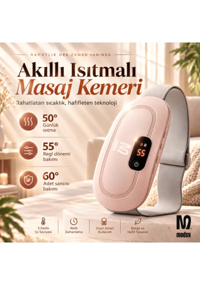 Akıllı Isıtmalı Ve Titreşimli Regl Masaj Kemeri - 4 Titreşim Ve 3 Isıtma Modlu Şarjlı Karın Ve Bel Masaj Aleti - Pembe