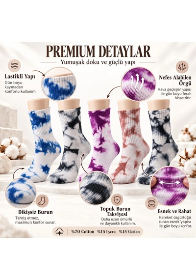 Teorastore Unisex Batik Spor Çorap 10'lu Set Tie Dye Tenis Çorabı Koyu Retro Renkler Günlük Rahat Konforlu Stil Çok Renkli
