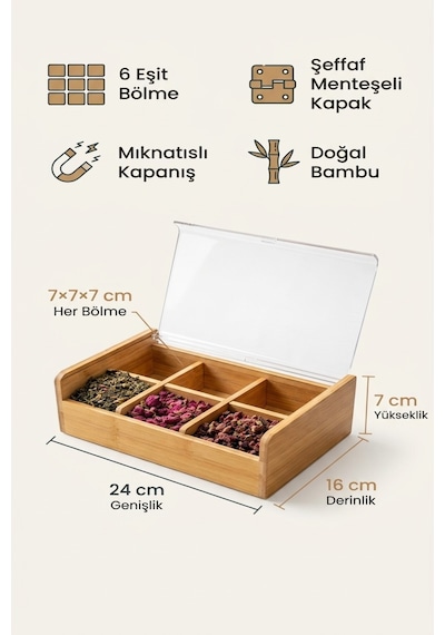 Makri Home Bambu 6 Bölmeli Düzenleyici Kutu, Şeffaf Kapak Bambu