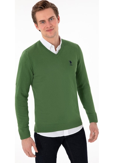 U.S. Polo Assn. Erkek Slim Fit V Yaka Yeşil Basic Kazak 50288881-VR054