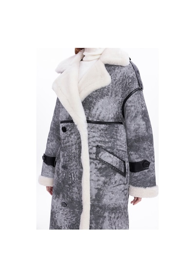 M M Marki Marki Kadın Hakiki Deri Uzun Palto Gri Eskitme Oversize Kruvaze Düğmeli İçi Kürklü 115 Cm - 119522 Gri Vintage
