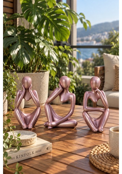 Ev & Ofis Dekoru Rose Gold 3 Lü İnsan Figürü Seti El Yapımı Minimalist Heykel Takımı