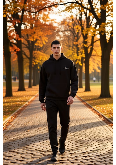 Benerly Erkek Kapüşonlu Düşük Kol Sweatshirt Slogan Nakışlı Fonksiyonel D siyah