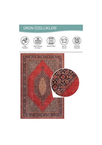 Artloop Folk Kırmızı Vintage Etnik Madalyonlu Klasik Desenli Dokuma Tabanlı Şönil Halı Al 620