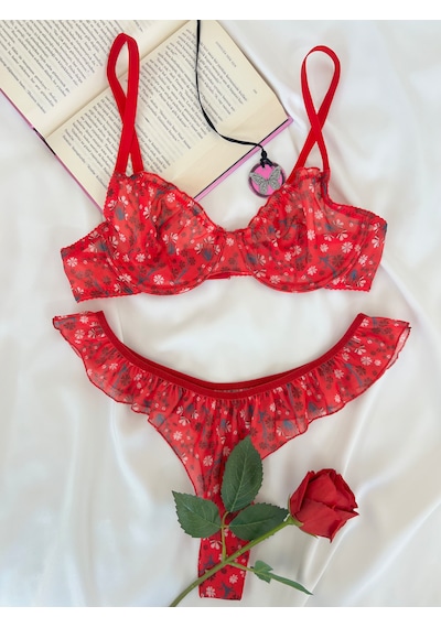 Arinda Butterfly Kırmızı Tül Çiçek Desenli Balenli Kapsız Fırfırlı Bralette Sütyen Tanga İç Çamaşırı Takımı Alt Üst 2 Parça