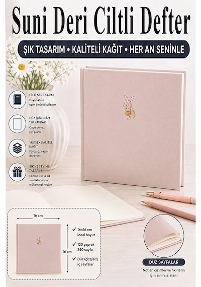 Kare Not Defteri 16x16cm 1 Adet Lizz Sert Kapak 120 Yaprak Ciltli Çizgisiz Özel Anı Günlük Defteri Suni Deri Açık Pembe