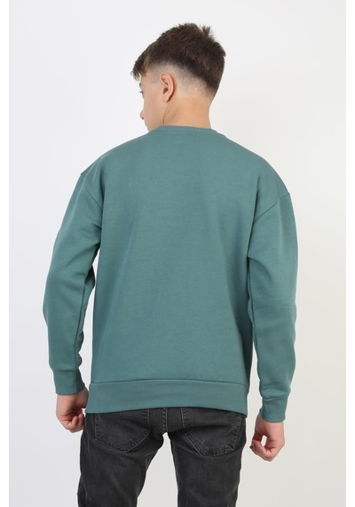 Bisiklet Yaka Cep Fermuar Detaylı Erkek Çocuk Sweatshirt-90856 Yeşil