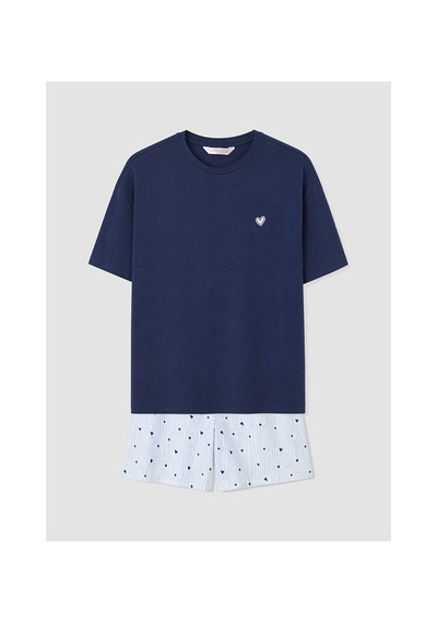 Lcw Dream Mavi Bisiklet Yaka Nakışlı Kadın Şortlu Pijama Takımı