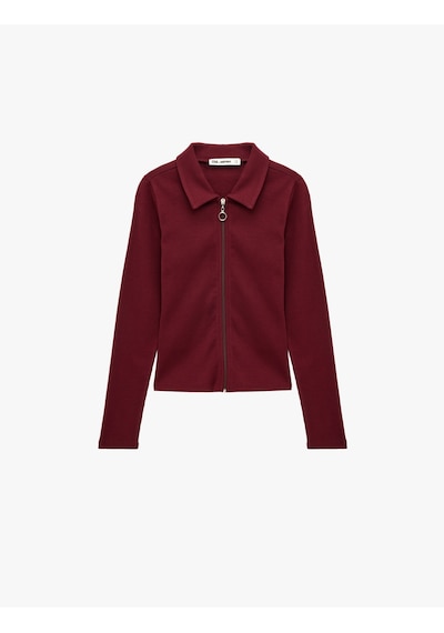 Koton Pamuklu Slim Fit Fermuarlı Uzun Kollu Kaşkorse Polo Yaka Tişört Bordo 7wal10132ık