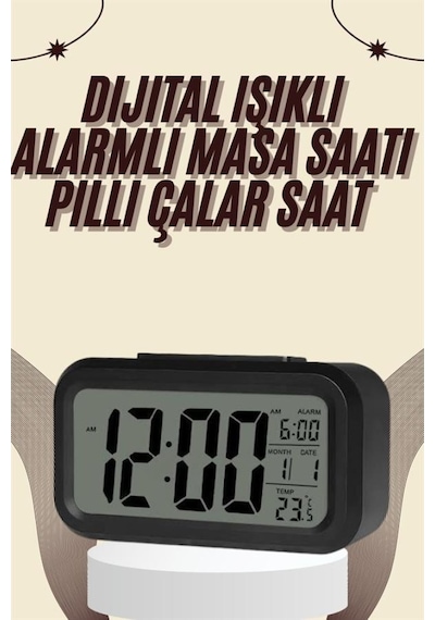 Dijital Masa Saati Termometreli Takvim Çalar Saat Led Ekran Pilli Siyah