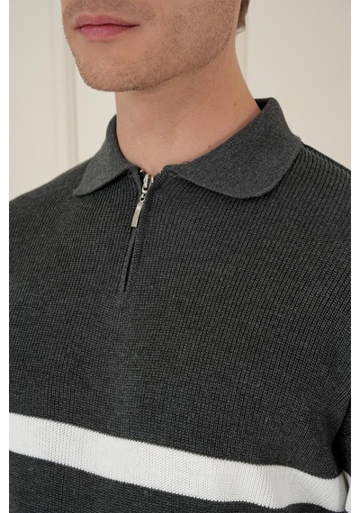 Efor Slim Fit Çizgili Fermuarlı Polo Yaka Antrasit Triko Kazak Tr 877 Antrasit