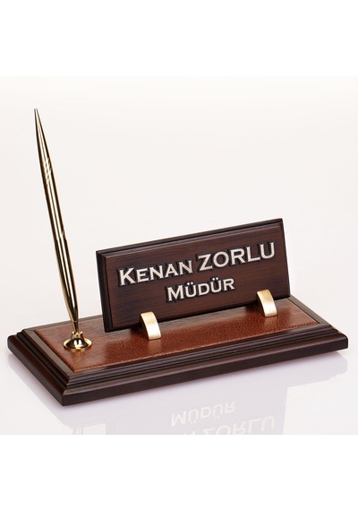 Deri Zeminli Ahşap Masa İsimliği Makam Ofis Masa İsimlik