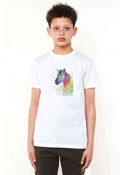 Tshirthane Zebra Renk Sıçrama Baskılı Unisex Çocuk Beyaz T-Shirt