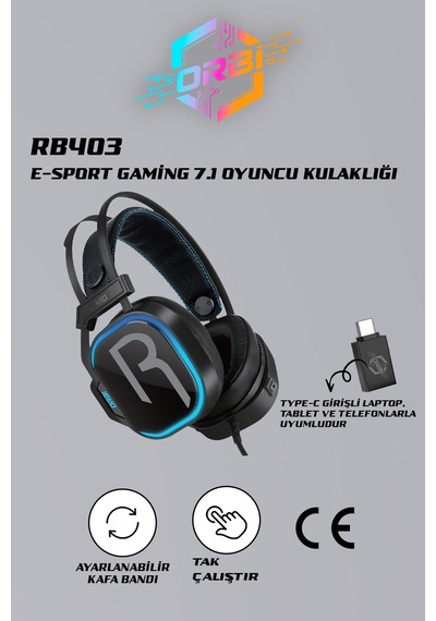 E-sport Uyumlu 7.1 Siyah Rgb Profosyonel Mikrofonlu Kablolu Gaming Kulaklık Rb403