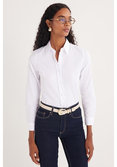 Tudors Kadın Slim Fit Dar Kesim Uzun Kollu Pamuklu Vücuda Oturan Dokulu Beyaz Basic Gömlek-35317 Beyaz