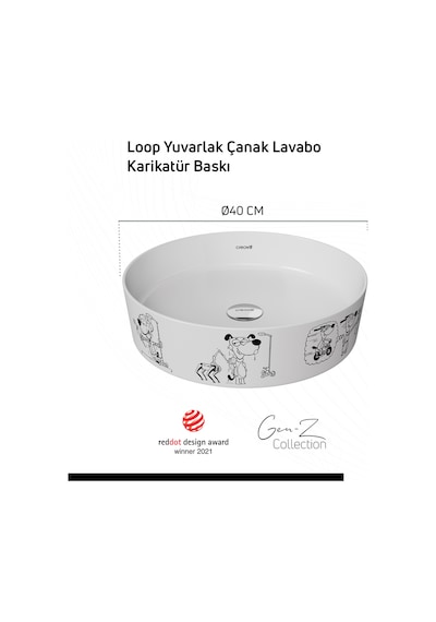 Creavit LP140-00CB00E-KB00 Loop Gen-z Yuvarlak Masa Üstü Çanak Lavabo Ø40 Cm Karikatür Baskı Extra Beyaz Sarı