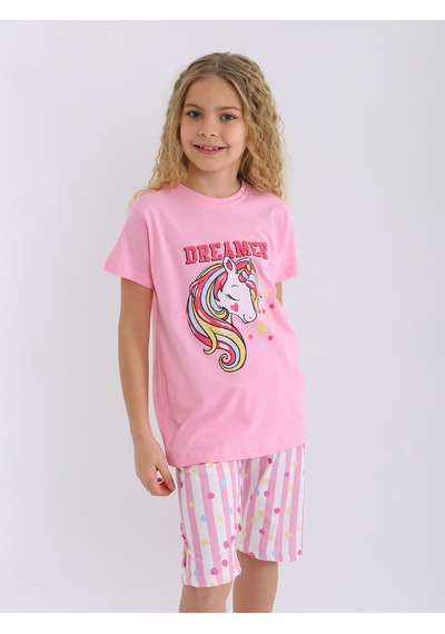 Kız Çocuk Kısa Kollu Kapri %100 Pamuklu Pijama Takımı Dreamer Girl Koyu Pembe