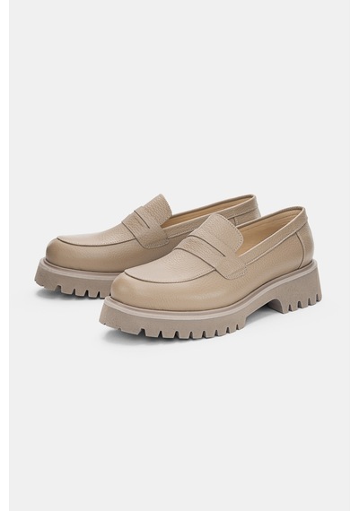 Lorian Hakiki Deri Ön Çizgi Aksesuar Kadın Loafer- Vizon