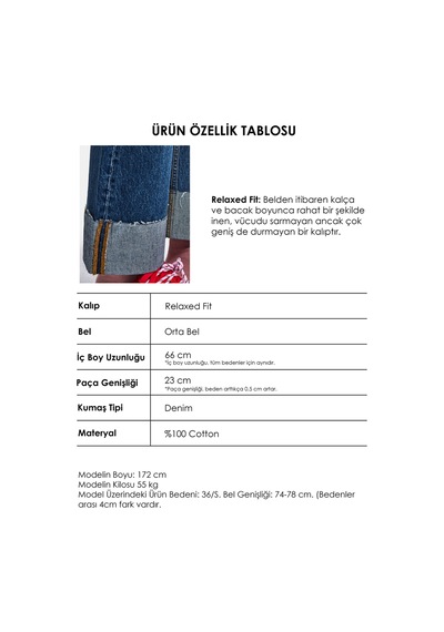 Kadın Koyu Mavi 2w6-5 Relaxed Fit Paça Detaylı Denim Jean