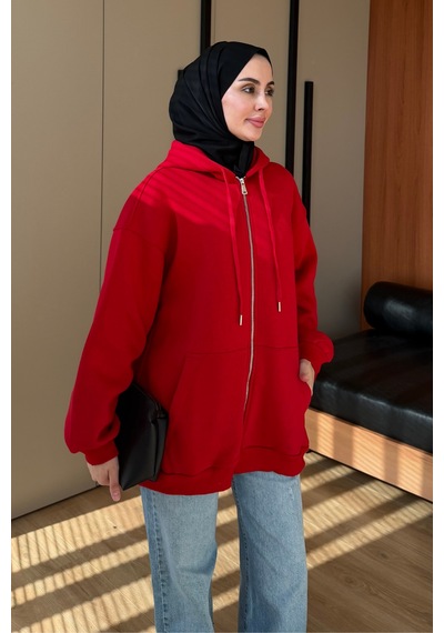 Balenbi Kadın 3 İplik İçi Polarlı Kapüşonlu Tesettür Basic Sweat Hırka 395 Kırmızı