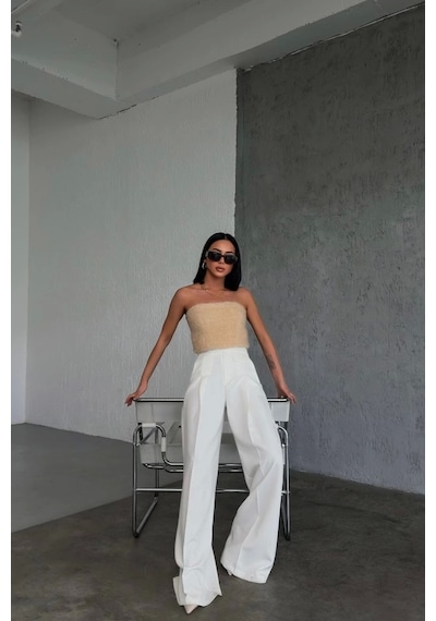 Defymoda Üç Düğme Detayli Palazzo Pantolon Beyaz Defymoda Üç Düğme Detayli Palazzo Pantolon Beyaz