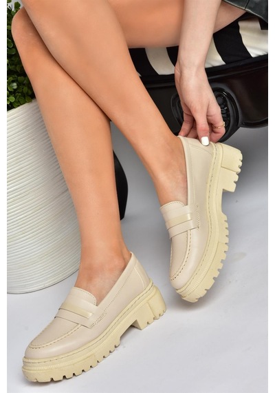 Fox Shoes P6520345009 Bej Kalın Tabanlı Günlük Kadın Ayakkabı Bej-suni Deri Bej