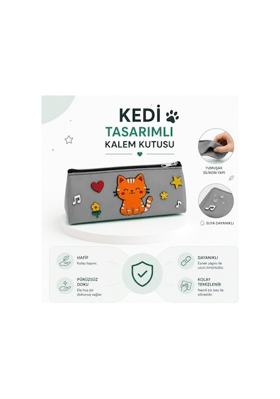 Kedi Tasarımlı PVC Kalem Kutusu – Dayanıklı Silikon Yapı, Çocuklar için Şık ve Pratik Okul Kalemlik
