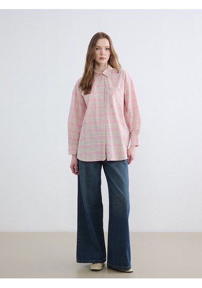Lcw Modest Pembe Ekose Oversize Kadın Gömlek