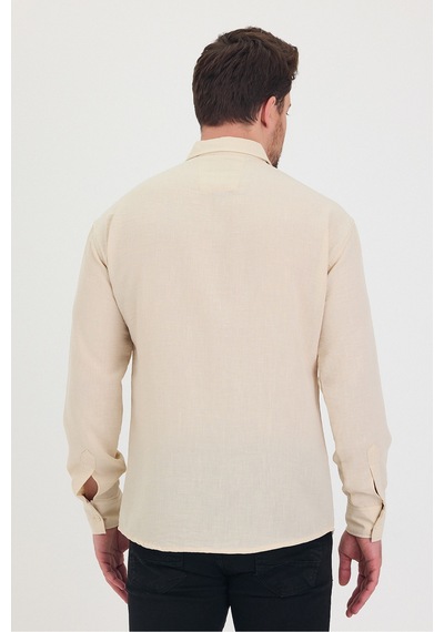 Cool Tarz Erkek Slim Fit Dar Kalıp Uzun Kol Pamuklu Keten Efekt Gömlek Krem Krem