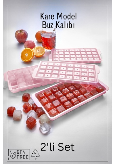 32 Bölmeli Kare Model Buz Kalıbı - / 2'li Set - Pembe Pembe