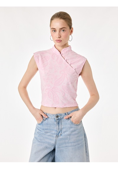 Koton Slim Fit Kolsuz Düğmeli Qipao Yaka Tül Bluz Pembe 7wal60017ık Gül