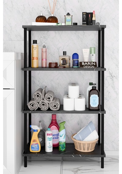 Çevir Kur Kolay Kurulum 4 Katlı Banyo Rafı Metal Gövdeli Çok Amaçlı Organizer Stand Banyo Dolabı Siyah Mermer