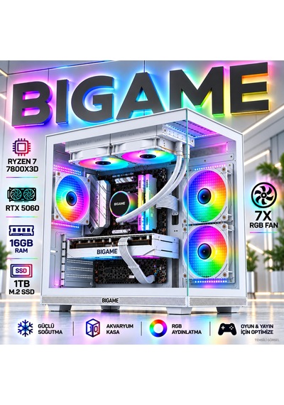 Bigame ELITE-V3 R7-7800X3D 16 GB 1 TB M2 SSD RTX5060 Free Dos Masaüstü Oyuncu Bilgisayarı