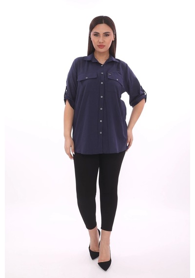 Lady Majestic %100 Cotton Büyük Beden Natural Gömlek - Lacivert