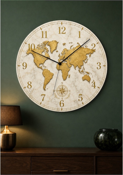 AA Shop Dünya Haritası Desenli Dekoratif Baskılı Ahşap Duvar Saati 45 Cm Sessiz Akar Mekanizma 868 Çoklu Renkli