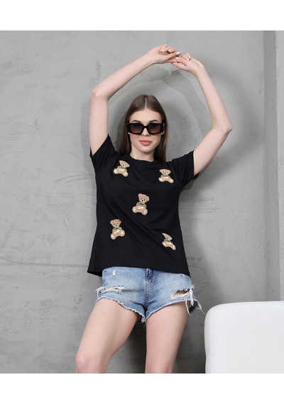 Genç Kadın Ayıcık Süzene Nakışlı T-shirt Siyah