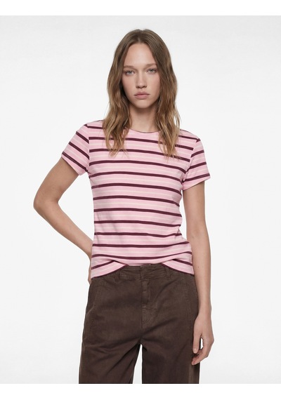 Koton Çizgili Pamuklu Bisiklet Yaka Kısa Kollu Slim Fit Tişört Pembe Çizgili 6sal10537ık