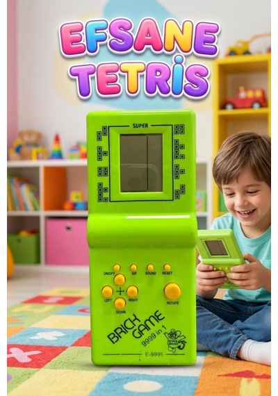 Pilli Sesli 9 Butonlu 9999 İn 1 Renkli Nostaljik Tetris Eğitici Ve Eğlenceli Oyuncak El Konsolu Yeşil