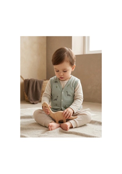 Minory Baby - %100 Pamuk Bebek Yeleği Dinozor Motifli Yeşil Yeşil