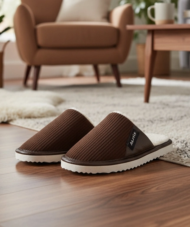 Ar-060 Unisex Kadife Kumaş İçi Kürklü Kışlık Ev Terliği Kahverengi