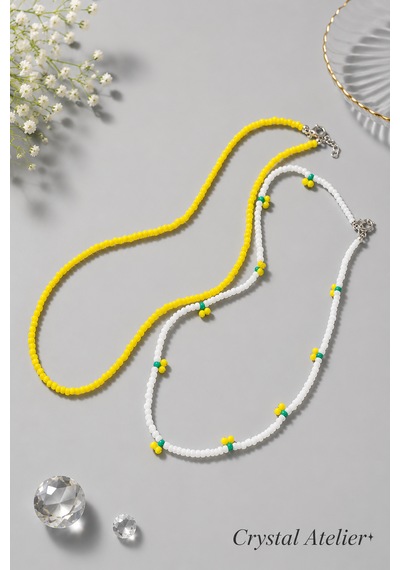 Crystal Atelier 2'li Sarı Kiraz Boncuk Kolye Seti El Yapımı Kum Boncuk Beyaz Sarı İkili Choker Kombini Sarı - Beyaz