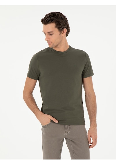 Haki Slim Fit Bisiklet Yaka Merserize Basic T-shirt Yeşil