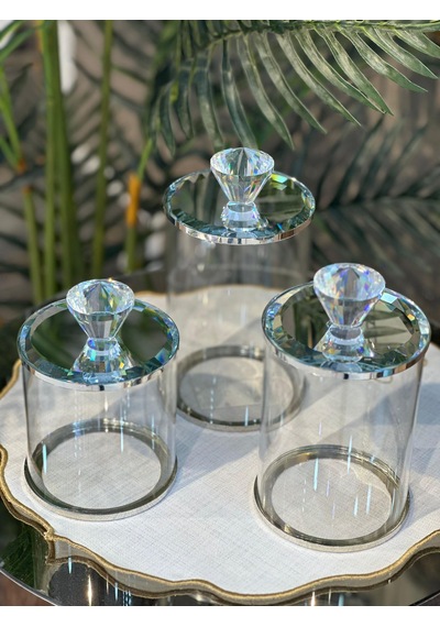 Gümüş Detaylı Kristal Kapaklı Cam Kavanoz Seti 3 Lü Lüks Çok Amaçlı Kavanoz