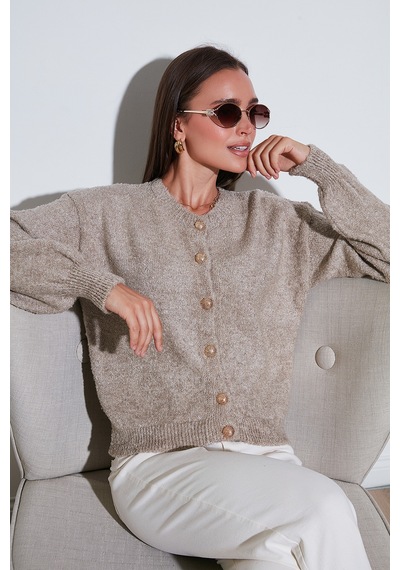 Lela Premium Regular Fit Bisiklet Yaka Yumuşak Dokulu Bayan Hırka 680Hi00147 Vizon