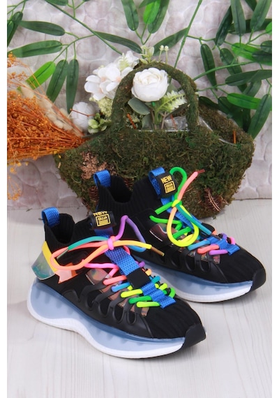 Guja Karsu Rahat Esnek Özel Tasarım Renkli Bağcuklı Sneaker Kadın Ayakkabı Siyah
