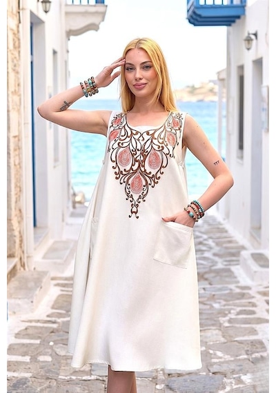 Veraura Lifestyle Krem Rengi Sarmaşık Nakışlı Keten Elbise